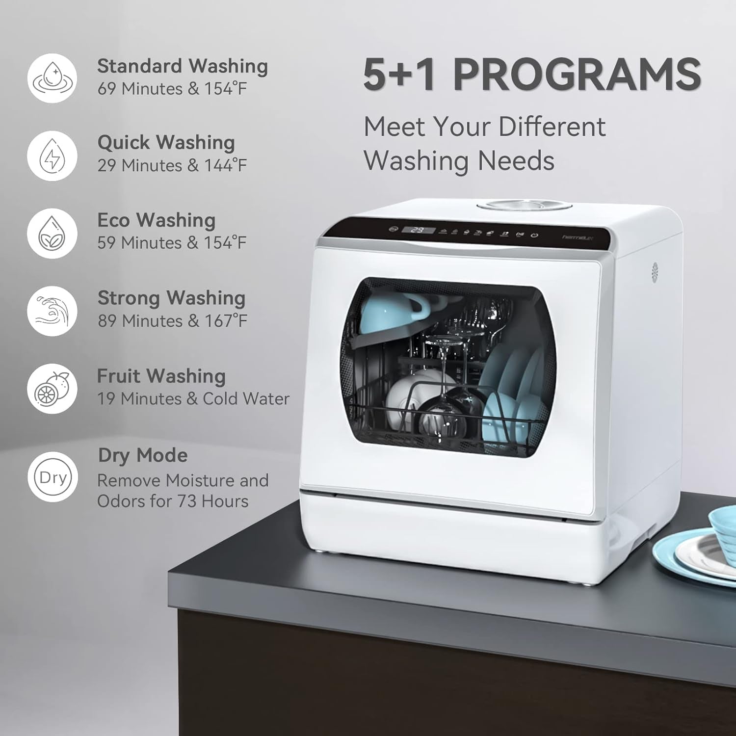 Hermitlux Table Top Dishwasher – Mini Countertop, 4 Place Settings, 6 Programs, Built-In 5L Water Tank, Touch Control